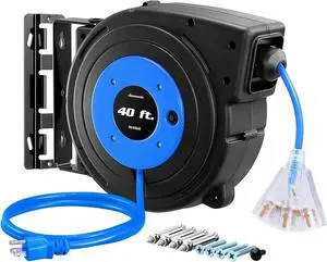 Heavy Duty Cord Reel, 40FT Retractable Extension Power Cord, 12AWG/3C SJTOW, 3-Lighted Triple Outlets, 15A Circuit Breaker, Wall/Ceiling Mounted, Adjustable Stopper UL Listed, Blue  -