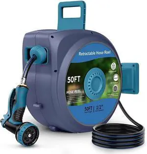 Retractable Garden Hose, Heavy Duty Wall-Mounted Hose Reel with 180° Swivel Bracket, Automatic Slow Return System 10 Function Nozzle, Any Length Lock for outside Watering,Cleaning50ft Gray/Blue -