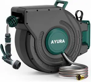 Retractable Garden Hose Reel 100 ft x 1/2 inch with Pro Metal Shaft, Heavy Duty Automatic Reels Kink-Free Rewind and Lock at Any Length, Wall Mount Water for Outside Green -