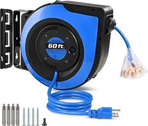 12 Gauge Retractable Extension Cord Reel, 60 FT AWG/3C SJTOW Heavy Duty Power Cord, 3 Outlets Triple Tap, 15 AMP Circuit Breaker, Ceiling/Wall Mount, UL Listed Blue