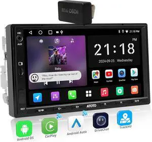 A5L Android Double DIN Car Stereo with OBD II Scanner, 7 inch Wireless Carplay & Android Auto Touchscreen Radio 2G+32G, 24-B EQ DSP, WiFi/BT/USB Tethering, GPS Tracker, FM/AM