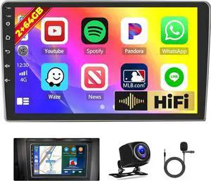 Double Din Android Car Stereo with Wireless Carplay Android Auto, 2+64GB 9 Inch Touchscreen Car Radio Support Bluetooth/GPS Navigation/HiFi/WiFi/FM + Backup Camera