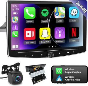 [2+64G] Single Din Touchscreen Car Stereo with Wireless Apple Carplay and Android Auto - 10 inch Android Touch Screen Radio GPS WiFi HiFi Audio + AHD Backup Camera and Mic