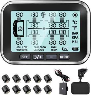 Trailer Tire Pressure Monitoring System 10 Sensors,0-199PSI RV TPMS with 4.5" Large Solar Monitor 6 Alerts, Signal Booster for Truck/Camper/Motor Homes,Long Sensing Distance