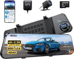 PG17 Max 4K+2.5K Mirror Dash Cam with ADAS, BSD and LCA, 12" Rear View Mirror Camera with 5GHz WiFi and Voice Control, Rearview Mirror Backup Camera Includes 64GB Card, GPS, Parking Monitor