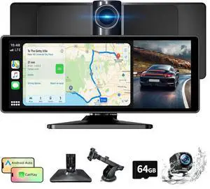 10.26 Inch Carplay Screen for Car, Portable Car Play Screen with Wireless Carplay & Android Auto, 4K Dash Cam/1080P Backup Camera/GPS Navigation/Mirror Link/Bluetooth, Portable Carplay with 64GB TF