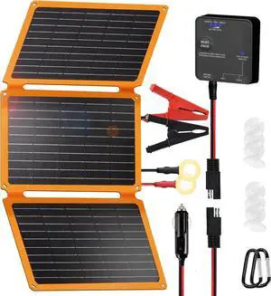 30W Folding Solar Battery Trickle Charger Maintainer, 2-in-1 Portable 12V Solar Trickle Charger with Built-in Charge Controller, Dual USB Fast Charging for Car Truck Boat Automotive Camping