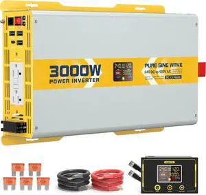 3000W Pure Sine Wave Power Inverter 24V DC to 120V GFCI AC Converter with LCD Display and Remote for Home, RV, Truck, Off-Grid Solar Power
