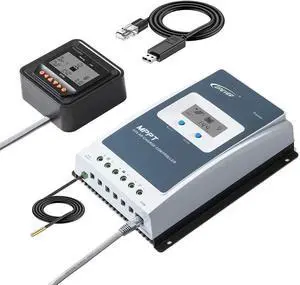 EPEVER MPPT Solar Charge Controller 20A 60V PV Negative Ground with MT50 Remote Meter Solar Panel Controller Works with 12/24V Battery AGM and LiFePO4 Battery Charger [Tracer2206AN]