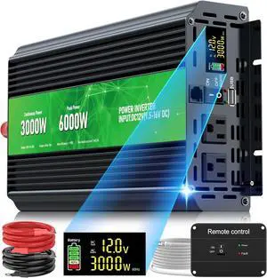 3000W Power Inverter,Peak Power 6000W 12V DC to AC 110V120V,Remote Control with 2AC Outlets and 2.4USB Port,LED Display for Power Converter,Outdoor Activities,Emergency,Vehicles Truck RV Solar System