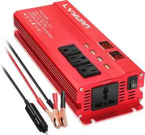 1000W/2000W(Surge) Car Power Inverter DC 12V to 110V/120V AC with 4 Outlets, 4 USB Ports and Input/Output LED Display - Red