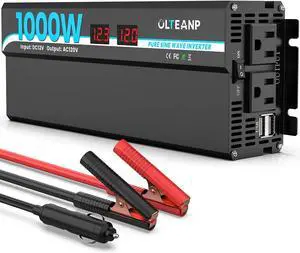 1000W Pure Sine Wave Power Inverter with 2 AC Outlets, 2 USB Ports, LCD Display, 12V to 110V Car & Home Inverter for Vehicles, Laptop