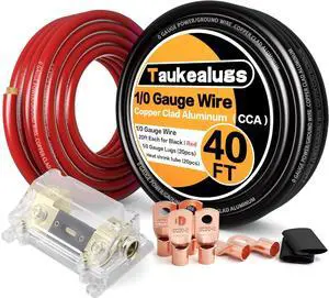 1/0 Gauge Battery Cable Wire Copper Clad Aluminum CCA Amp Wiring Kit 40FT Black/Red for Automotive Power Ground,Car Audio Speaker,Inverter Truck with 250A ANL Fuse Holder Lug Terminal Heat Shrink Tube