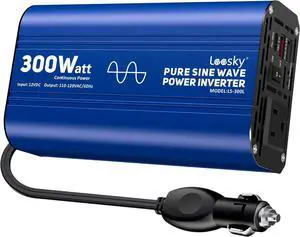 300 watt Pure Sine Wave Car Inverter 12V DC to 110V AC Power Inverter Converter with 30W PD USB-C & QC3.0 Fast Charging & AC Outlet for Vehicle Truck RV