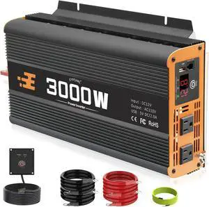 3000 watt car Power Inverter with Remote Controller, 12v dc to 110v ac Modified Wave Power inverters for Vehicles, Ideal for Home, Emergency, Camping, rv, Truck, and Travel Inverter 3000w