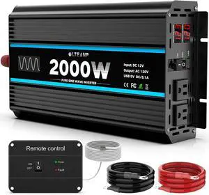 2000 Watts Pure Sine Wave Inverter 12V DC to 110/120V AC Power Inverter with 2 AC Outlets, 3.1A USB Port, LCD Display, Remote Controller, Car Power Converter for Truck, Home, Vehicles, Boat