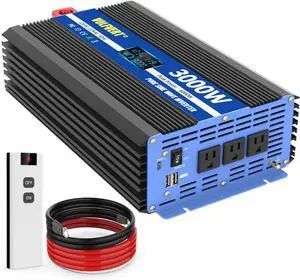 Pure Sine Wave Inverter 3000 Watt Pro, Home DC 12V to AC 110V 120V Power Car Converter with Three Sockets, Dual USB Port, Type-C Port, LCD Display, Remote Control, Smart Cooling Fans, Cable Included