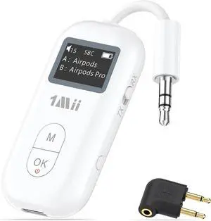 SafeFly Pro Bluetooth 5.3 Transmitter Receiver, Wireless Audio Adapter w/Screen for 2 Bluetooth Headphones, AptX LL/HD/AD, Use with Any 3.5MM Jack on Airplane, TV & iPad/Tablet