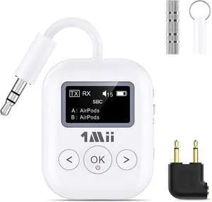 SafeFly Min+ Bluetooth Transmitter and Receiver,Bluetooth Adapter for Airplane, Supports to 2 AirPods/Headphones,Use with Any 3.5mm Jack on Airplanes, Gym, TVs, Car, Home, Boat(White)