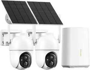 Security Cameras Wireless Outdoor, 2 Cam Kit, No Subscription, Solar Powered Home Security Cameras System, 360° Panoramic View, 2K Color Night Vision, PIR Alerts, Support 5G & 2.4G WiFi Router