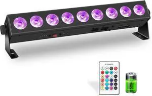 Battery Powered Stage Light Bar,54W 9 LED RGBWA+UV Rechargeable DJ Light Bar with Remote Control Built-in 5200mAh Battery Sound Activated DMX512 Uplights for Party Events Wedding Church Disco