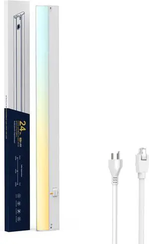 24" LED Under Cabinet Lighting Hardwired & Plug in, 3CCT Selectable (Warm White, Cool White and Daylight) Stepless Dimmable, Linkable with 2 Cords Under Counter Lights for Kitchen, CRI94, Matte White