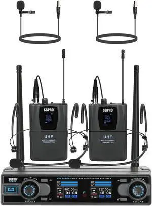 Dual Channel Wireless Microphone System with Two Bodypack Transmitters, Two Headset Micriophones and Two Lavalier Mics for Live & Recording of Sining and Speaking (D-332BB)