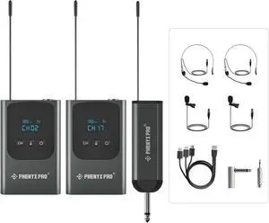 Dual Digital Wireless Microphone System, Portable Mini Receiver, 2x15 UHF Frequencies, 2 Bodypack Transmitters, Headset/Lapel Microphone for Singing, Karaoke (PDP-2-2B)