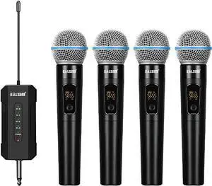 ES-384 4-CH UHF Wireless Handheld Microphone System - 164ft Range, Rechargeable Receiver, Plug-and-Play for Karaoke & Live Shows - 4 Handheld Mics Included