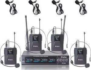 Wireless Microphones System with UHF Headset/Lavalier Lapel Mics, Bodypack Transmitter, 4 x 50 Channels, 164ft Range for Church Conference Performance Singing Karaoke PA Speaker Mixer