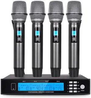 4-Channel UHF Wireless Mic System, Adjustable Frequency, 4 Metal Moving Coil Handheld Mics, 160ft Range, for Church, KTV, Events