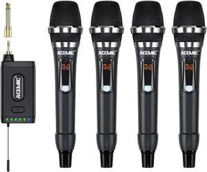 UHF Wireless Microphone System 4-Channel Cordless Mic with 4 Handheld Dynamic Microphones for Church, Speech, Weddings, Karaoke Machine, Q4
