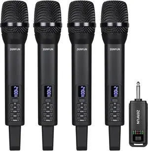 Rechargeable Wireless Microphones 4, Pro Handheld Cordless Mics System Dynamic with Echo Treble BASS VOL Control for Karaoke Singing Church Party, 1/4'' Output, D240, Black