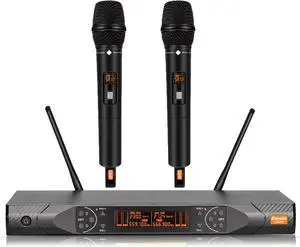 Wireless Microphone System, Metal Dual UHF Cordless Handheld Dynamic Karaoke Mic Set, Auto Scan, Long Range 200ft for Home Karaoke Singing, DJ Party, Church, Wedding, Speech (UM203)