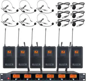 Wireless Microphone System 6 Channel Lavalier 6 Bodypacks Lapel Headsets Frequency B Wedding Party Meeting School Church Speaking Conference Meeting Classroom