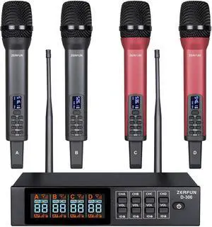Rechargeable Wireless Microphone System 4 Channel Pro, UHF Handheld Cordless Mics with VOL Echo Treble BASS Control, LCD Display, Frequency Lock, XLR, 1/4, 1/8 Output, D-300, Grey&Red