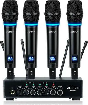 Pro Rechargeable Wireless Microphone System 4 Channel, UHF Metal Handheld Wireless Microphones Cordless Mics with Echo Bluetooth VOL Channel Control for Karaoke Singing Church(MU-898)