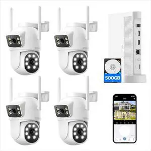 Security Cameras Wireless Outdoor,  Home Security Camera System with 2K Dual Lens Color Night Vision, Auto Tracking, 2-Way Audio, 500GB HDD, 2.4G/5G WiFi & 10CH Expandable NVR