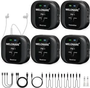 Wireless in-Ear Monitor System - UHF 500MHz, Low Latency, Auto-Pairing, 1 Beltpack Transmitter & 4 Receivers, 10 Channels, Mono/Stereo Selection, IEM for Live Shows, Studio, Bands (PM-1-4R)