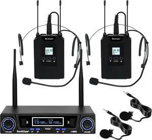 Wireless Microphone System, Metal Dual Wireless Lavalier & Headset Mic, 2x10 Frequencies, Wireless Microphone System for Home Karaoke, Meeting, Party, Church, 262ft Range (2 Bodypack)