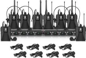 Audio AU800 Pro UHF 8 Channel Wireless Microphone System with Cordless Handheld Lavalier Headset Mics, Metal Receiver, Ideal for Karaoke Church Party (8 Bodypack)