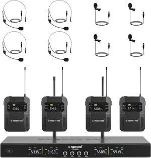Wireless Microphone System, 4-Channel Wireless Mic Set w/ 4 Bodypacks and Headsets/Lapel Mics, 4x25 UHF Frequencies, 200ft Coverage, Cordless Microphone for Singing, Church (PTU-5200-4B)