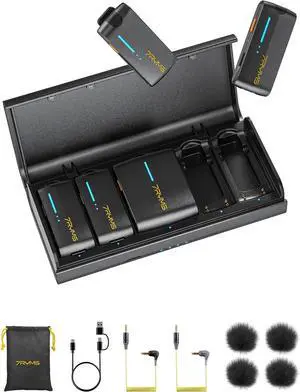 iRay DW40 Wireless Lavalier Microphone System with 4 Transmitter, Noise Cancellation, 656ft Range, 12.5H Working, Lapel Mic for iPhone Android Camera PC, Podcast Live Streaming Interview