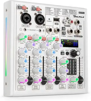 4-channel Mixer Professional Audio Mixer with Built-in Sound Card and Recording Function, USB Audio Interface/Bluetooth, Suitable for Podcasting, Karaoke, Studio