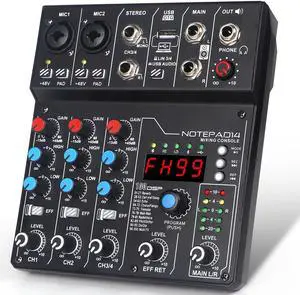 4 Channel Audio Mixer with 99 Sound Effects for PC,BT DJ Mixer Portable Sound Mixing Console with USB Recording Input for Live Streaming,Podcasting,DJ Show,Wedding