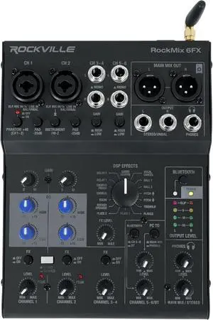 ROCKMIX 6FX 6-Channel Mixer with USB Interface, Bluetooth, 24-Bit FX, Phantom Power, for Podcasting and Home Recording