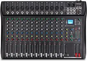 DT12 Studio Audio Mixer 12-Channel DJ Sound Controller Interface w/USB Drive for Computer Recording Input, XLR Microphone Jack, 48V Power, RCA Input/Output for Professional and Beginners