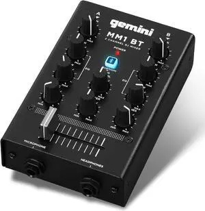 Gemini Portable Bluetooth DJ Mixer  2-Channel Mini Audio Mixer with Wireless Input, RCA, Mic & Headphone Jacks, EQ & Crossfader  Compact DJ Mixer Board for Beginners & Mobile DJs (MM1BT)