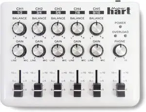 LOOP MIXER - Portable Audio Mixer with 5 Channel stereo inputs, 3 Outputs via 3.5mm jack. Including a Mono to Stereo DM2S Adapter.
