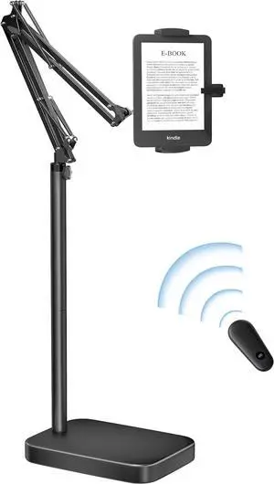 Kindle Floor Stand with Remote Page Turner, Tablet Stand with 11lb Stable Base, Adjustable Height Tablet Holder Mount, Compatible Kindles Tablets iPhones 4.7-12.9 inch